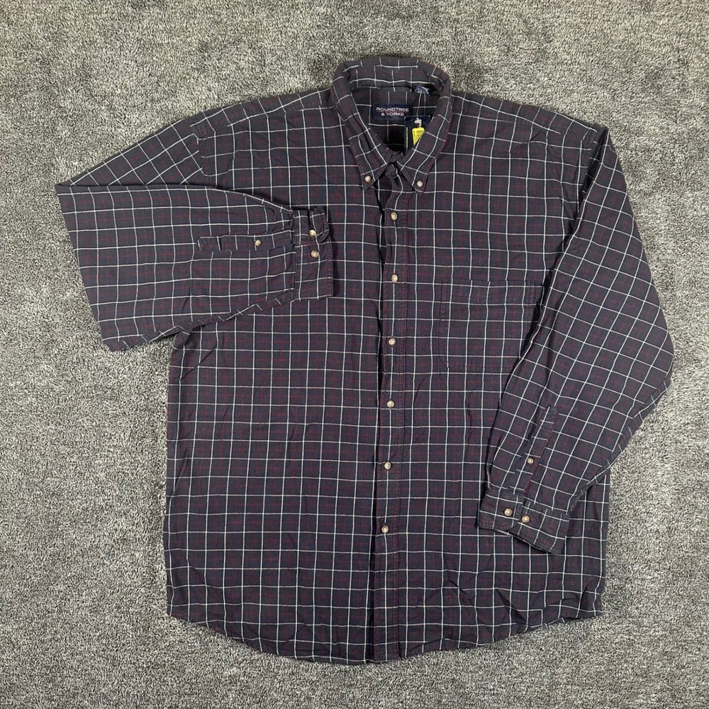 Roundtree & Yorke Shirt Mens XXL Navy Blue Windowpane Plaid Button Down NEW